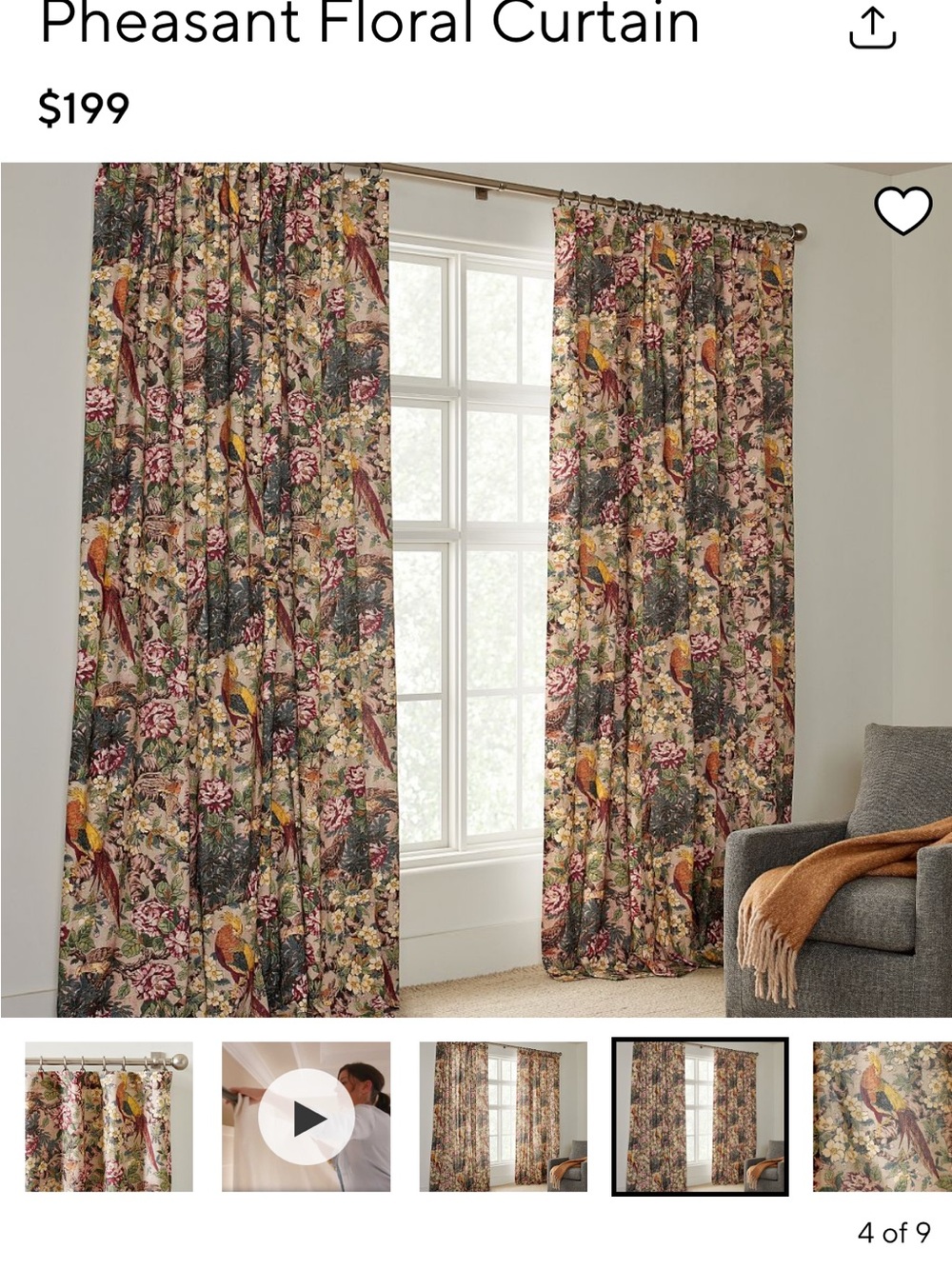 Pottery Barn Pheasant Floral Drapes in Multicolor
